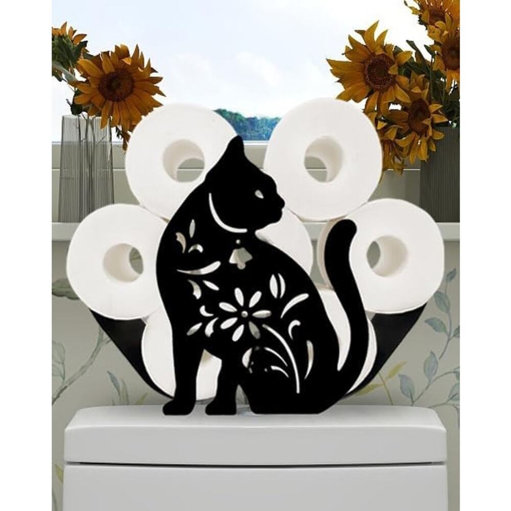 Cat Toilet Paper Holder Stand Metal Black Free Standing 8 Roll Bathroom Décor